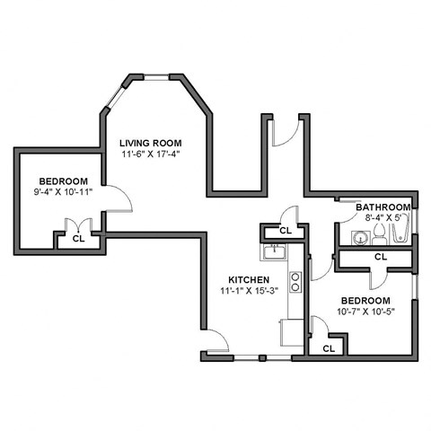 Floor plan for 2 beds, 1 bath, 800 sqft
